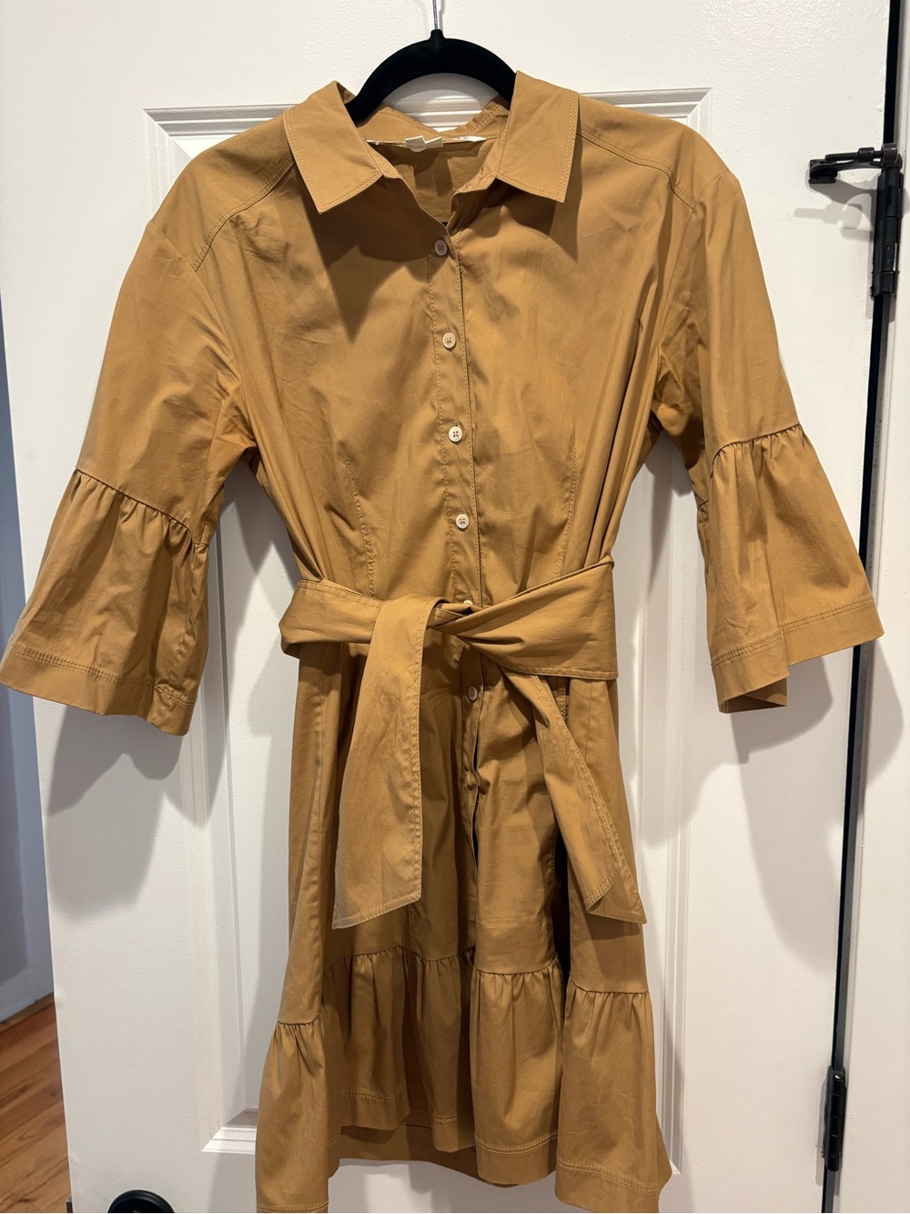Veronica Beard Luriane Poplin Tie Waist Khaki Flounce Sleeve Cotton Dress - Picture 6 of 10